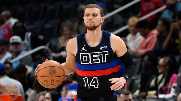 Detroit Pistons guard Malachi Flynn plays against the Miami Heat in the second half of an NBA basketball game in Detroit, Friday, March 15, 2024. (Paul Sancya/AP Photo)