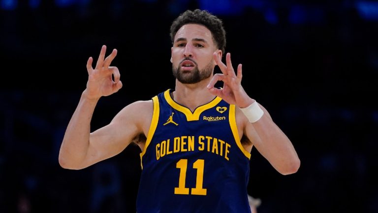 Golden State Warriors guard Klay Thompson gestures after making a 3-point basket against the Los Angeles Lakers during the second half of an NBA basketball game Tuesday, April 9, 2024, in Los Angeles. (Ryan Sun/AP)