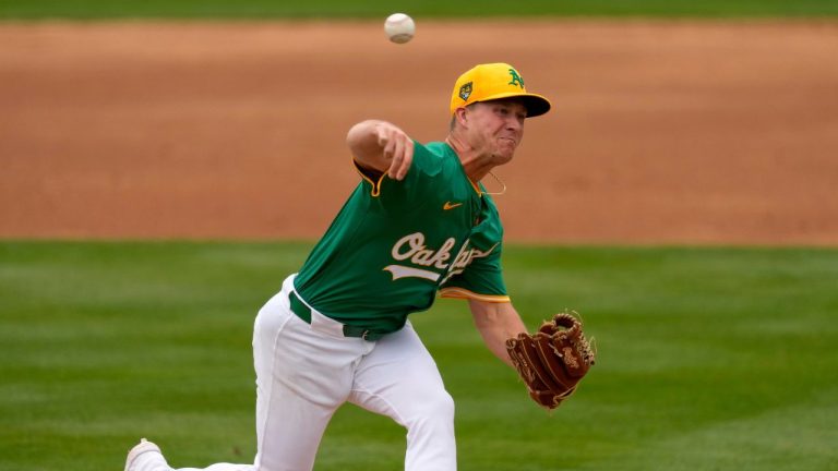 Oakland Athletics pitcher Trevor Gott throws against the Arizona Diamondbacks during the third inning of a spring training baseball game, Monday, Feb. 26, 2024, in Mesa, Ariz. (Matt York/AP Photo)