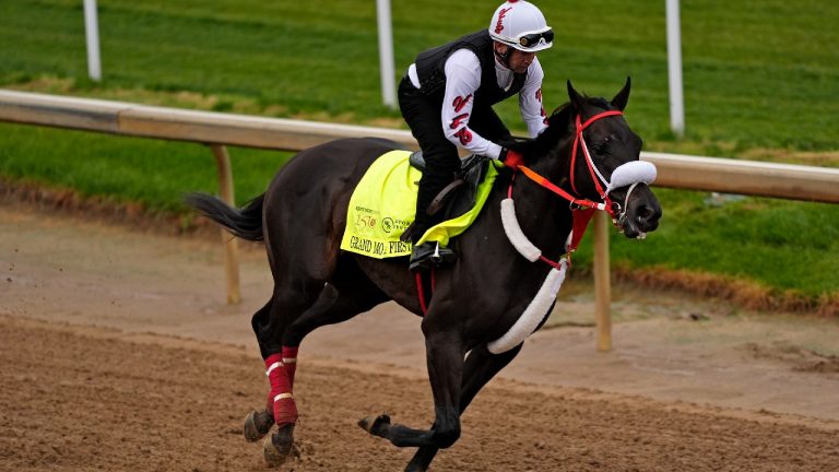 Kentucky Derby hopeful Grand Mo The First works out at Churchill Downs. (Charlie Riedel/AP)