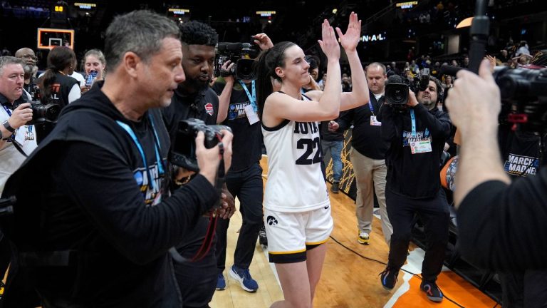 Iowa guard Caitlin Clark walks off the court after a Final Four college basketball game against UConn in the women's NCAA Tournament, Friday, April 5, 2024, in Cleveland. (Morry Gash/AP Photo)