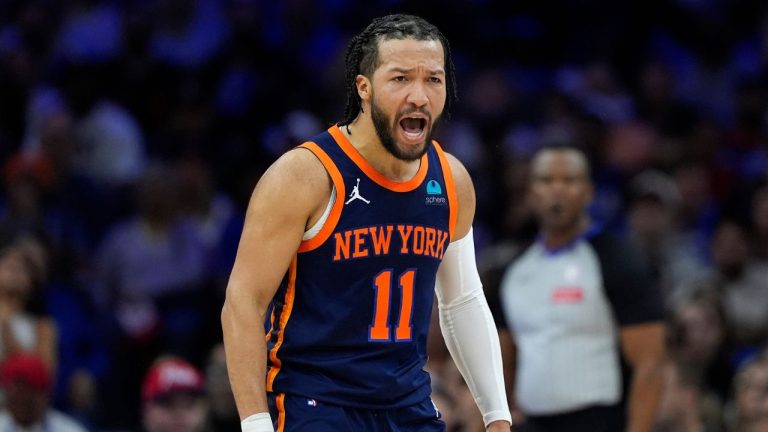 New York Knicks' Jalen Brunson reacts during the first half of Game 4 in an NBA basketball first-round playoff series against the Philadelphia 76ers, Sunday, April 28, 2024, in Philadelphia. (Matt Slocum/AP Photo)