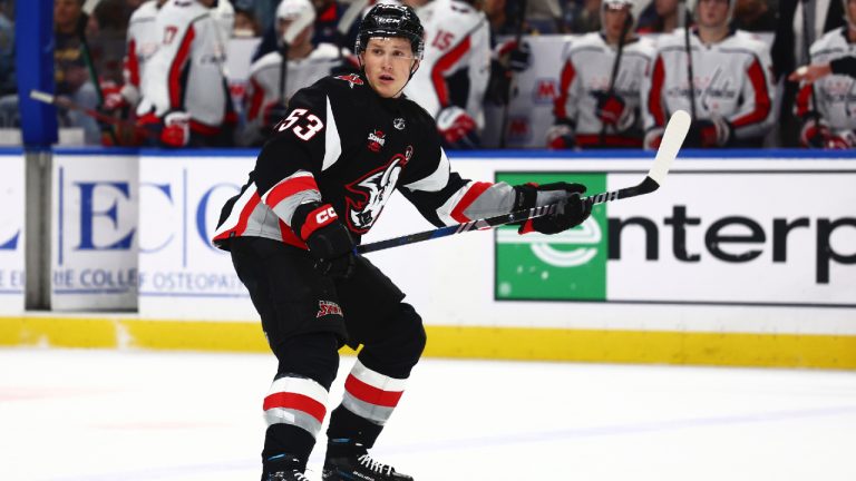 Buffalo Sabres left wing Jeff Skinner (53) skates up ice during the first period of his 1000th NHL hockey game against the Washington Capitals Tuesday, April 2, 2024, in Buffalo, N.Y. (Jeffrey T. Barnes/AP)