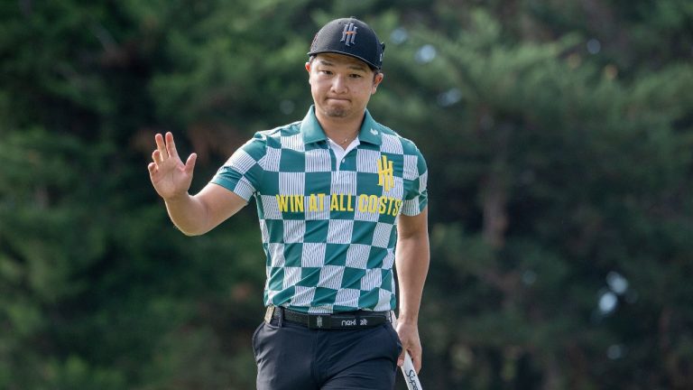 Jinichiro Kozuma of Iron Heads GC reacts to his putt on the tenth green during the first round of LIV Golf Adelaide at the Grange Golf Club on Friday, April 26, 2024 in Adelaide, Australia. (Charles Laberge/LIV Golf via AP)