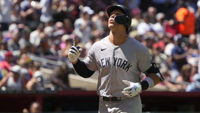 New York Yankees' Aaron Judge reacts after hitting a two run home run against the Arizona Diamondbacks in the first inning during a baseball game, Wednesday, April 3, 2024, in Phoenix. (Rick Scuteri/AP Photo)
