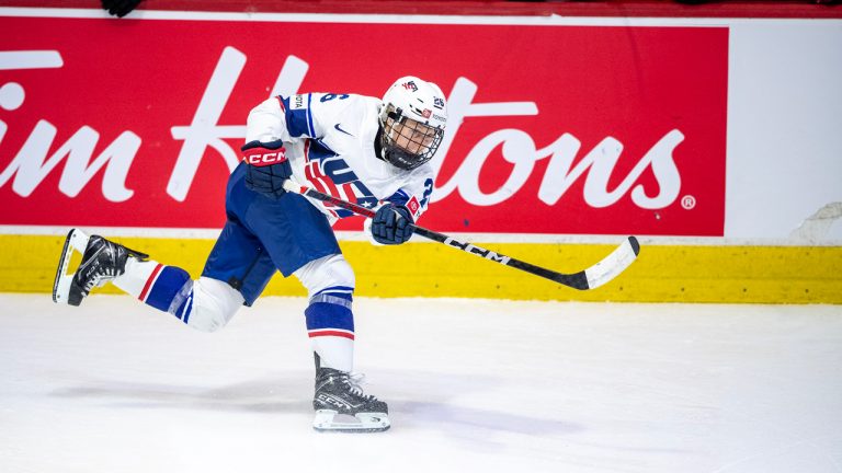 American forward Kendall Coyne Schofield fires a shot. (Photo by Liam Richards/CP)