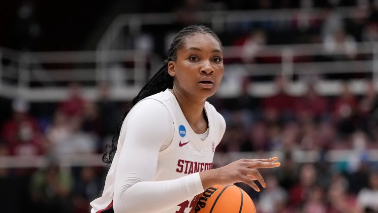 Stanford forward Kiki Iriafen during a second-round college basketball game in the women's NCAA Tournament against Iowa State in Stanford, Calif., Sunday, March 24, 2024. (AP Photo/Jeff Chiu)