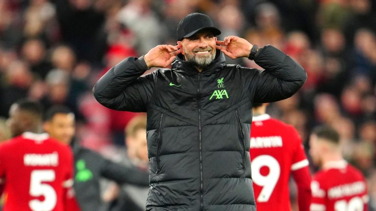 Liverpool's manager Jurgen Klopp celebrates at the end of the English Premier League soccer match between Liverpool and Sheffield United at the Anfield stadium in Liverpool, England, Thursday, Apr. 4, 2024. (Jon Super/AP Photo)