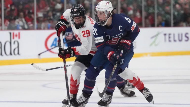 USA forward Hilary Knight (21) and Team Canada's Marie-Philip Poulin (29) battle during second-period action in the IIHF Women's World Hockey Championship gold-medal game in 2023. (Nathan Denette/CP)