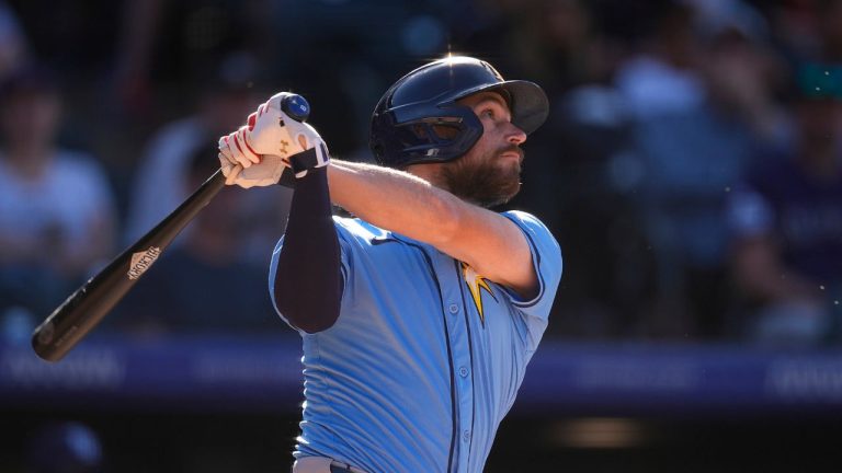 Tampa Bay Rays second base Brandon Lowe in the eighth inning of a baseball game Friday, April 5, 2024, in Denver. (David Zalubowski/AP Photo)