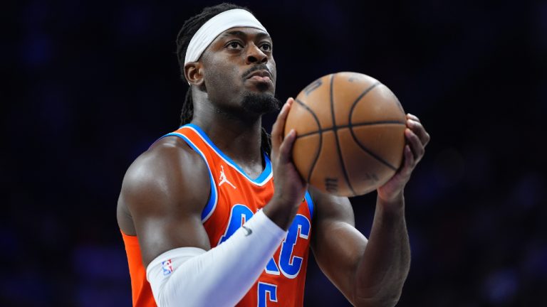 Oklahoma City Thunder's Luguentz Dort plays during an NBA basketball game, Tuesday, April 2, 2024, in Philadelphia. (Matt Slocum/AP)