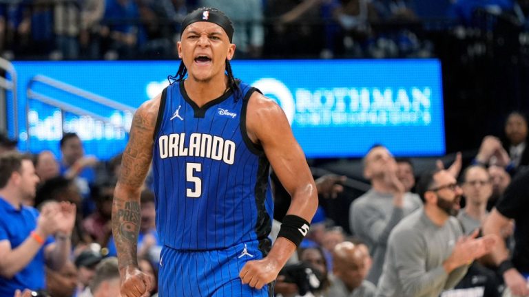 Orlando Magic forward Paolo Banchero reacts after making a 3-point shot against the Cleveland Cavaliers during the first half of Game 3 of an NBA basketball first-round playoff series, Thursday, April 25, 2024, in Orlando, Fla. (John Raoux/AP Photo)