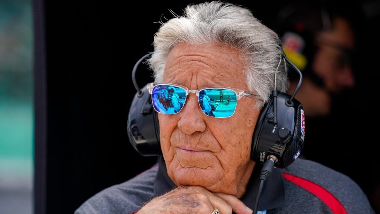 1969 Indy 500 Champion Mario Andretti watches from his grandson Mario Andretti's pit area during practice for the Indianapolis 500 auto race at Indianapolis Motor Speedway in Indianapolis, Friday, May 19, 2023. (AP Photo/Michael Conroy)