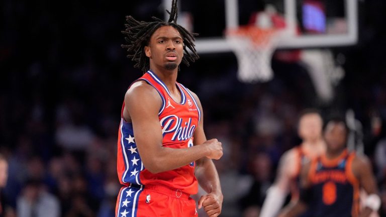 Philadelphia 76ers' Tyrese Maxey gestures after making a three point shot during the second half of Game 2 in an NBA basketball first-round playoff series against the New York Knicks Monday, April 22, 2024, in New York. (Frank Franklin II/AP Photo)