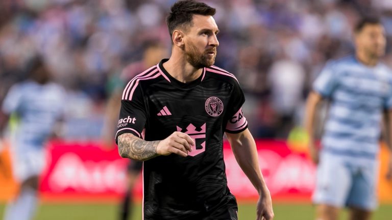 Inter Miami forward Lionel Messi (10) jogs to his position during the first half of an MLS soccer match against Sporting Kansas City, Saturday, April 13, 2024, in Kansas City, Mo. (Nick Tre. Smith/AP)