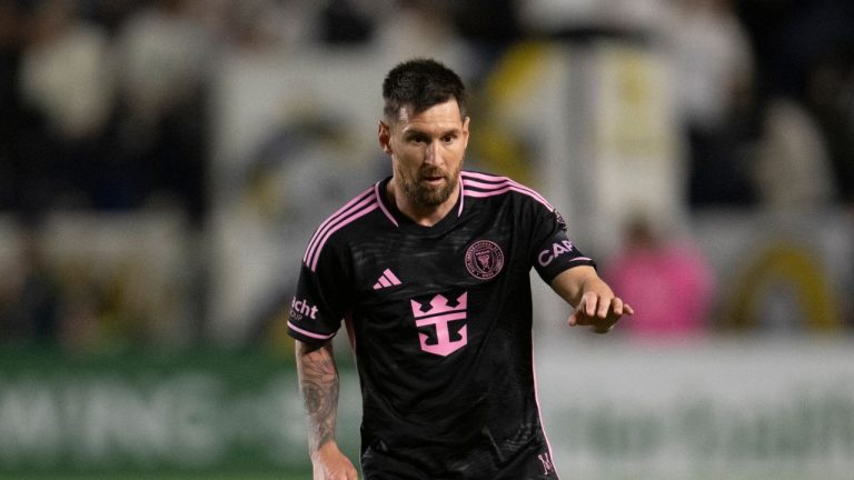 Inter Miami forward Lionel Messi dribbles the ball during the first half of an MLS soccer match against the Los Angeles Galaxy, Sunday, Feb. 25, 2024, in Carson, Calif. (Kyusung Gong/AP Photo)