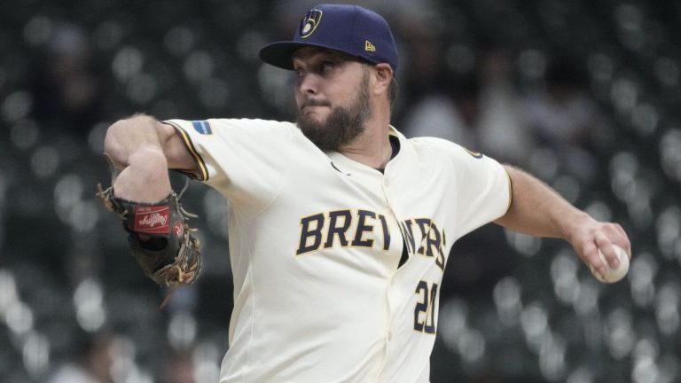 Milwaukee Brewers pitcher Wade Miley throws during the first inning of a baseball game against the San Diego Padres Tuesday, April 16, 2024, in Milwaukee. (Morry Gash/AP Photo)
