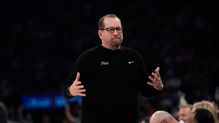 Philadelphia 76ers head coach Nick Nurse reacts during the first half of Game 2 in an NBA basketball first-round playoff series against the New York Knicks Monday, April 22, 2024, in New York. (Frank Franklin II/AP Photo)