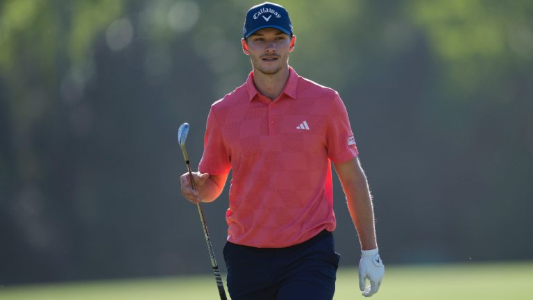 Nicolai Hojgaard, of Denmark, arrives at the 14th green during third round at the Masters golf tournament at Augusta National Golf Club Saturday, April 13, 2024, in Augusta, Ga. (Ashley Landis/AP)