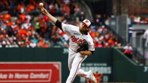 Orioles starting pitcher Corbin Burnes throws during the second inning of a baseball game against the Los Angeles Angels, Thursday, March 28, 2024, in Baltimore. (Julia Nikhinson/AP Photo)