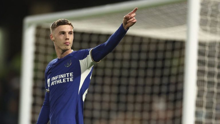 Chelsea's Cole Palmer celebrates after scoring his side's fifth goal during the English Premier League soccer match between Chelsea and Everton at Stamford Bridge stadium in London, Monday, April 15, 2024. (Ian Walton/AP Photo)
