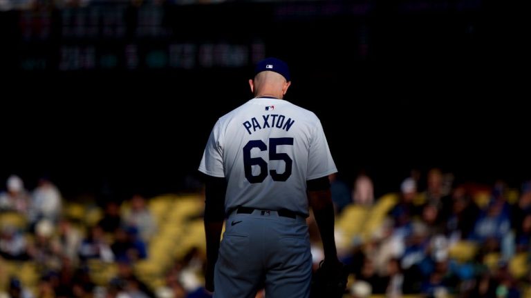 Los Angeles Dodgers pitcher James Paxton pitches during a baseball game against the San Diego Padres Sunday, April 14, 2024, in Los Angeles. (Eric Thayer/AP Photo)