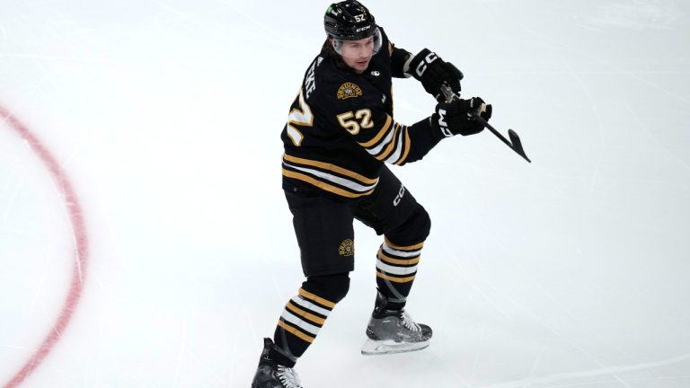 Boston Bruins defenceman Andrew Peeke (52) during the third period of an NHL hockey game, Tuesday, April 9, 2024, in Boston. (Charles Krupa/AP)