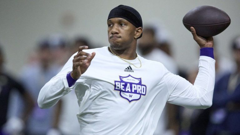 Washington quarterback Michael Penix Jr. passes during the NCAA college's NFL football pro day, Thursday, March 28, 2024, in Seattle. (John Froschauer/AP Photo)
