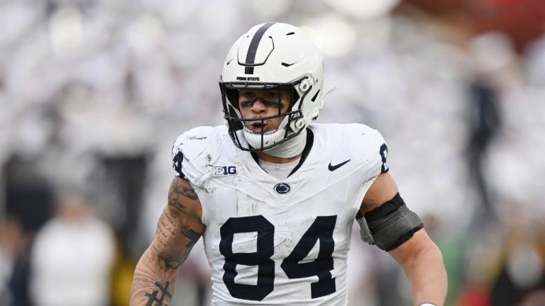 Penn State tight end Theo Johnson against Maryland during an NCAA football game on Saturday, Nov. 4, 2023, in College Park, Md. (Gail Burton/AP)