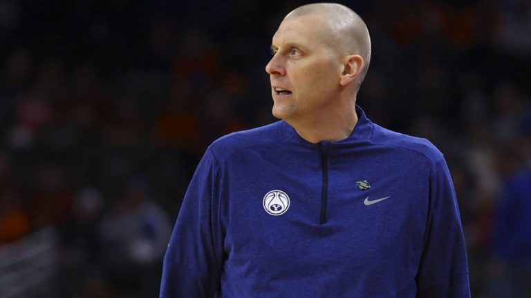 BYU head coach Mark Pope watches as his team played against Duquesne in the first half of a first-round college basketball game in the NCAA Tournament, Thursday, March 21, 2024, in Omaha, Neb. (John Peterson/AP Photo)
