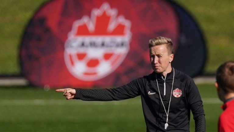 Canada's coach Bev Priestman gestures during a training session ahead of the FIFA Women's World Cup in Melbourne, Australia, Monday, July 17, 2023. (Scott Barbour/CP Photo)
