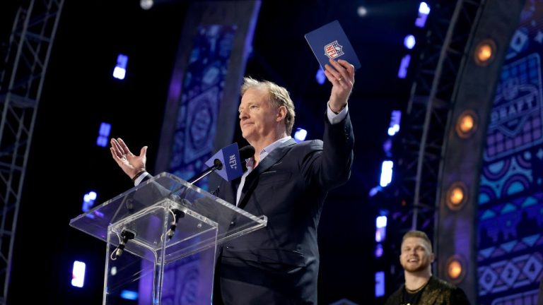 Roger Goodell onstage at the 2024 NFL football draft on Thursday, April 25, 2024 in Detroit. (Adam Hunger/AP Images for the NFL)