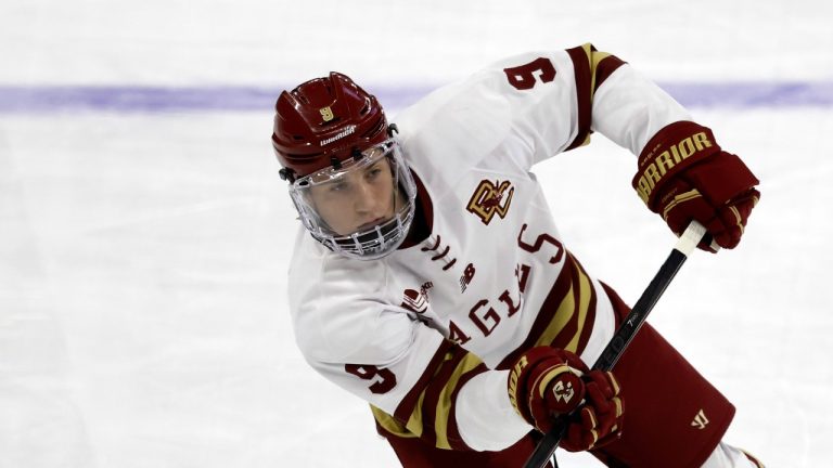 Boston College forward Ryan Leonard (9) takes a shot before the start of an NCAA hockey game against Michigan Tech on Friday, March 29, 2024, in Providence, R.I. (AP Photo/Greg M. Cooper)