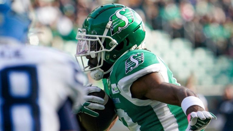 The Saskatchewan Roughriders signed Canadian receiver Samuel Emilus to a one-year contract extension Monday. Emilus (19) runs the football during first half CFL football action against the Toronto Argonauts, in Regina, Saturday, Oct. 21, 2023. (CP/Heywood Yu)