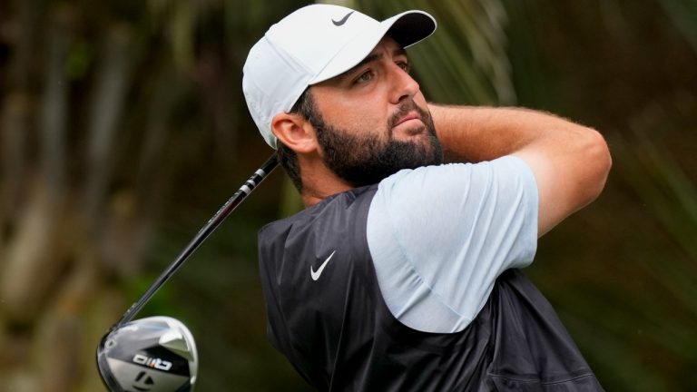 Scottie Scheffler watches his tee shot on the second hole during the final round of the RBC Heritage golf tournament, Sunday, April 21, 2024, in Hilton Head Island, S.C. (AP Photo/Chris Carlson)