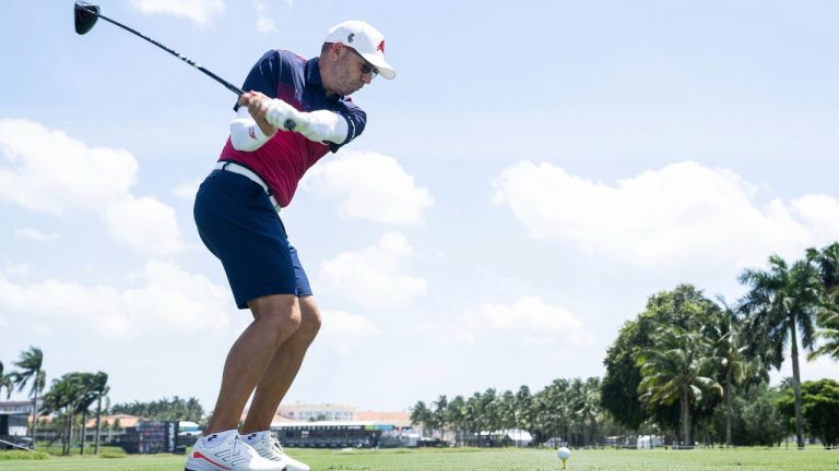 Captain Sergio Garcia of Fireballs GC hits his shot from the 18th tee during the practice round before the start of LIV Golf Miami at the Trump National Doral on Wednesday, April 03, 2024 in Miami, Florida. (Photo by Charles Laberge/LIV Golf via AP)