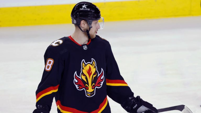 NHL profile photo on Calgary Flames player Ilya Solovyov, from Belarus, at a game against the Minnesota Wild in Calgary, Alta., on Dec.5, 2023. (Larry MacDougal/CP)