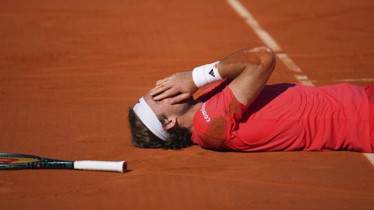 Stefanos Tsitsipas of Greece reacts after winning the 2nd set against Casper Ruud of Norway to win the Monte Carlo Tennis Masters final match 6-1, 6-4 in Monaco, Sunday, April 14, 2024. (AP/Daniel Cole)