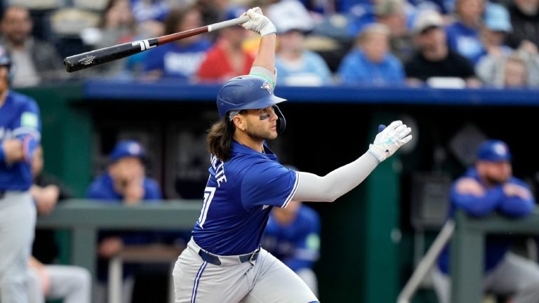 Toronto Blue Jays' Bo Bichette watches his three-run triple during the third inning of a baseball game Monday, April 22, 2024, in Kansas City, Mo. (Charlie Riedel/AP)