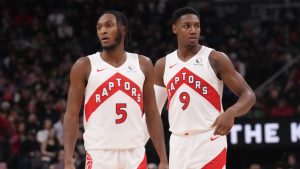 Toronto Raptors pair Immanuel Quickley (5) and RJ Barrett. (Chris Young/CP)