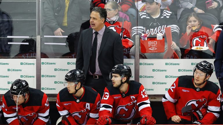 New Jersey Devils interim head coach Travis Green during the third period of an NHL hockey game against the Florida Panthers, Tuesday, March 5, 2024, in Newark, N.J. (Noah K. Murray/AP)