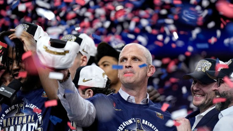 UConn head coach Dan Hurley celebrates after the NCAA college Final Four championship basketball game against Purdue, Monday, April 8, 2024, in Glendale, Ariz. (Brynn Anderson/AP)