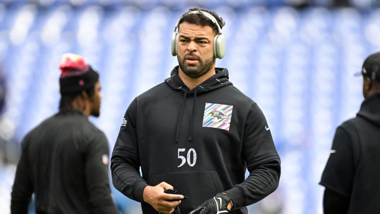 Baltimore Ravens linebacker Kyle Van Noy looks on during pre-game warm-ups before an NFL football game against the Detroit Lions, Sunday, Oct. 22, 2023, in Baltimore. (Terrance Williams/AP Photo)