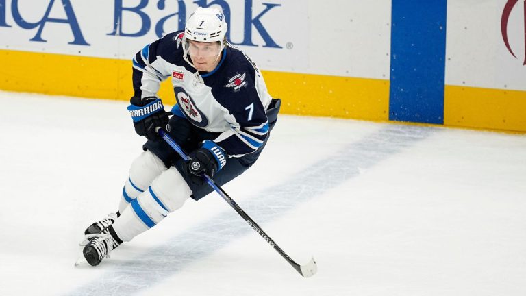 Winnipeg Jets centre Vladislav Namestnikov controls the puck during an NHL hockey game against the Dallas Stars in Dallas, Thursday, Feb. 29, 2024. (Tony Gutierrez/AP Photo)