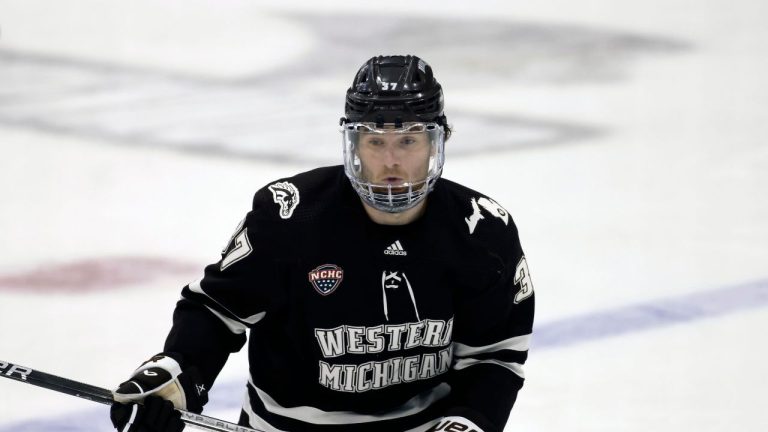 Western Michigan forward Dylan Wendt during an NCAA college hockey tournament regional game on Friday, March 29, 2024, in Maryland Heights, Mo. (Colin E. Braley/AP Photo)