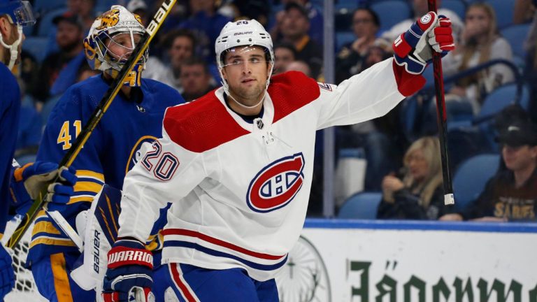 Montreal Canadiens defenceman Chris Wideman celebrates his goal during the second period of the team's NHL hockey game against the Buffalo Sabres, Thursday, Oct. 14, 2021, in Buffalo, N.Y. (Jeffrey T. Barnes/AP Photo)