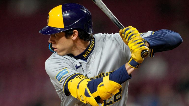 Milwaukee Brewers' Christian Yelich bats during a baseball game against the Cincinnati Reds Tuesday, April 9, 2024, in Cincinnati. (Jeff Dean/AP Photo)