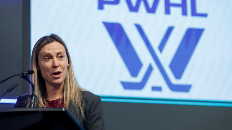 Jayna Hefford, PWHL's senior vice president of hockey operations speaks ahead of the PWHL Toronto team opening the Toronto Stock Exchange in Toronto, Friday, Jan. 12, 2024. The Professional Women's Hockey League enters the home stretch of its inaugural season Thursday when it resumes following the world championship break. (Cole Burston/CP)