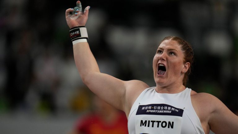 Canada's Sarah Mitton competes in the women's shot put finals during the Diamond League event held in Suzhou in eastern China's Jiangsu province Saturday, April 27, 2024. (Ng Han Guan/CP-AP)