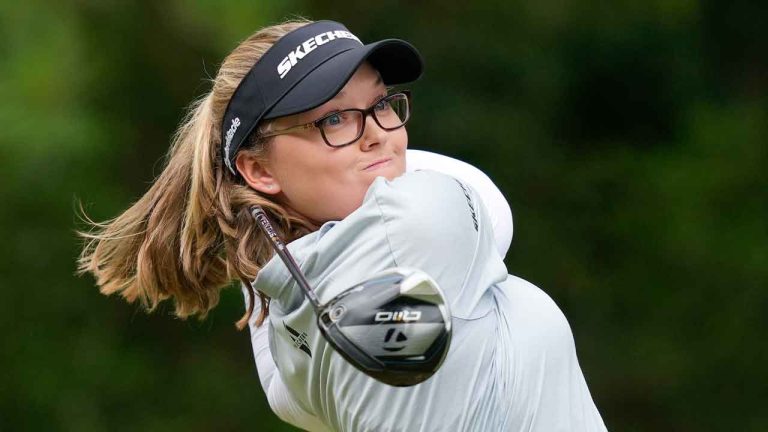 Brooke Henderson, of Canada, hits from the 16th tee during the third round of the Chevron Championship LPGA golf tournament Saturday, April 20, 2024, at The Club at Carlton Woods. (David J. Phillip/AP)